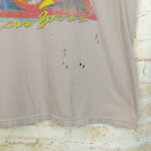 Def Leppard Love Bites Graphic Shirt Women M/L Beige Distress Goodie Two Sleeves - Picture 5 of 10